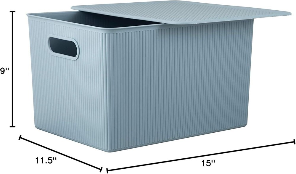 Superio 22L Large Stone Blue Ribbed Storage Bin with Lid, Plastic (2 Pack)