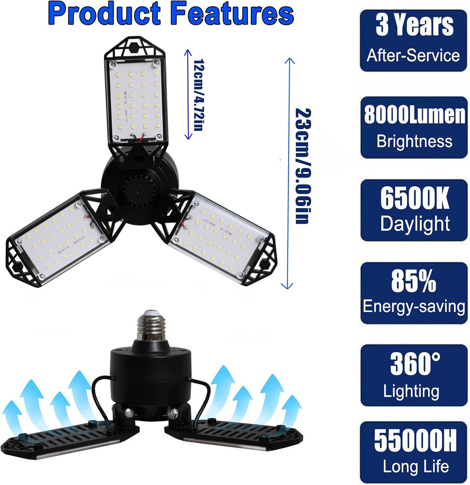 LED Garage Light, 80W 8000 Lumen Ceiling Lights with 3 Adjustable Panels, E26/E2