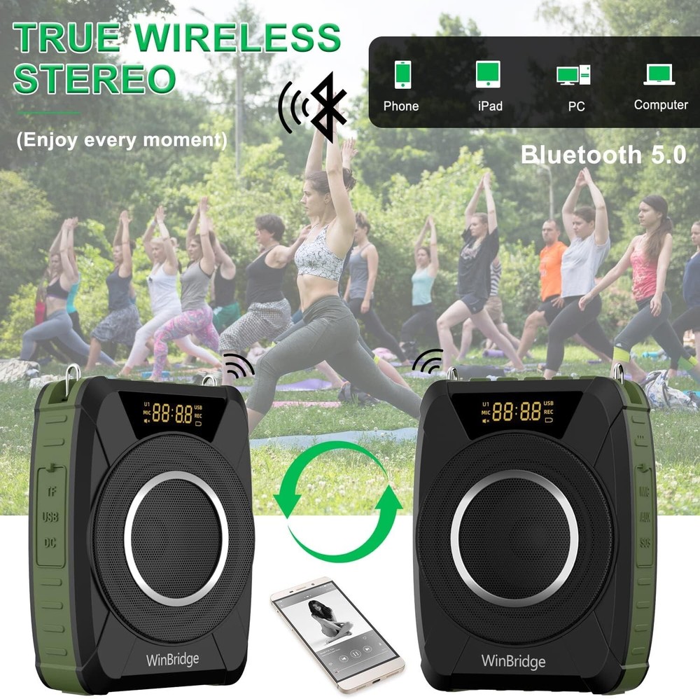 Bluetooth 5.0 Voice Amplifier with Wireless Mic Headset, Waterproof WinBridge