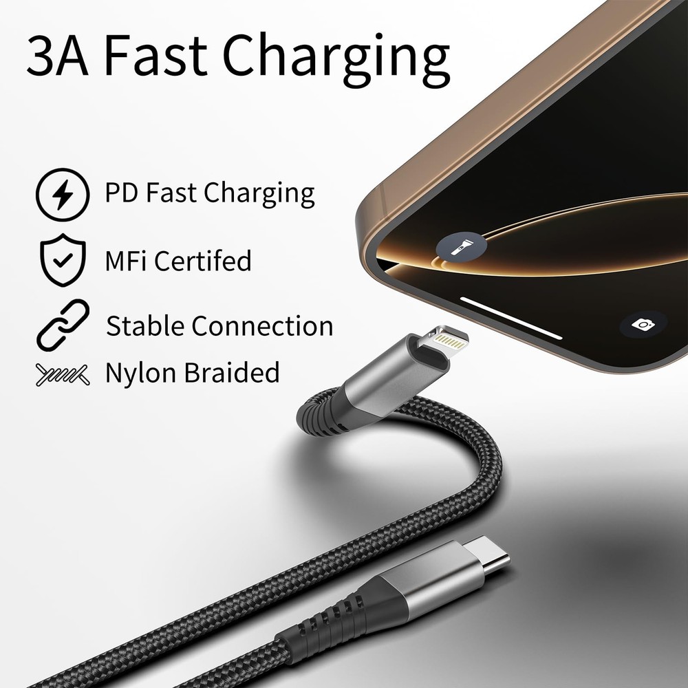 1ft USB to Lightning Cable 3 Pack, MFi Certified USBC Lightning Cable PD Fast...