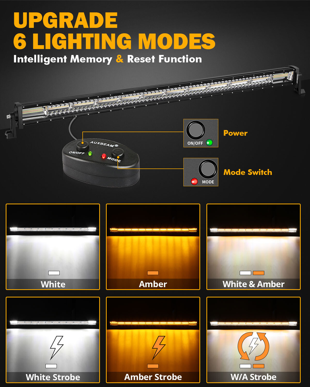 AUXBEAM 50"inch LED Light Bar 6 Modes Strobe Light Amber White for Jeep Wrangler