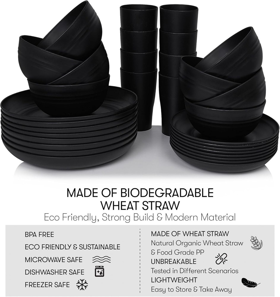 Wheat Straw Dinnerware Sets | Unbreakable Service for 8 (32 pcs), Black