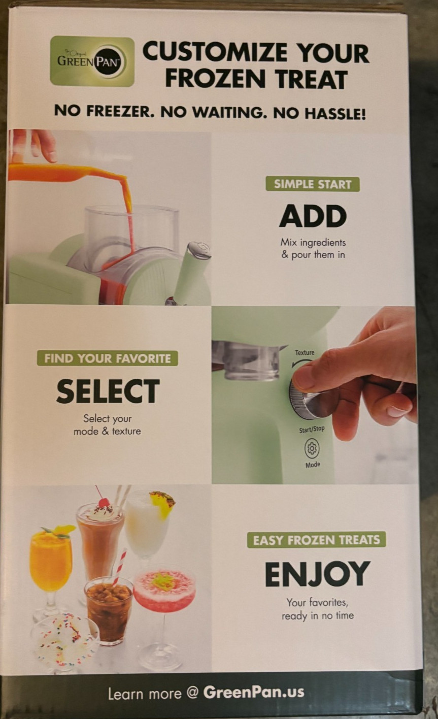 NEW GreenPan Frost Ice Cream & Frozen Drink Maker Green Color Shipped in 2nd Box