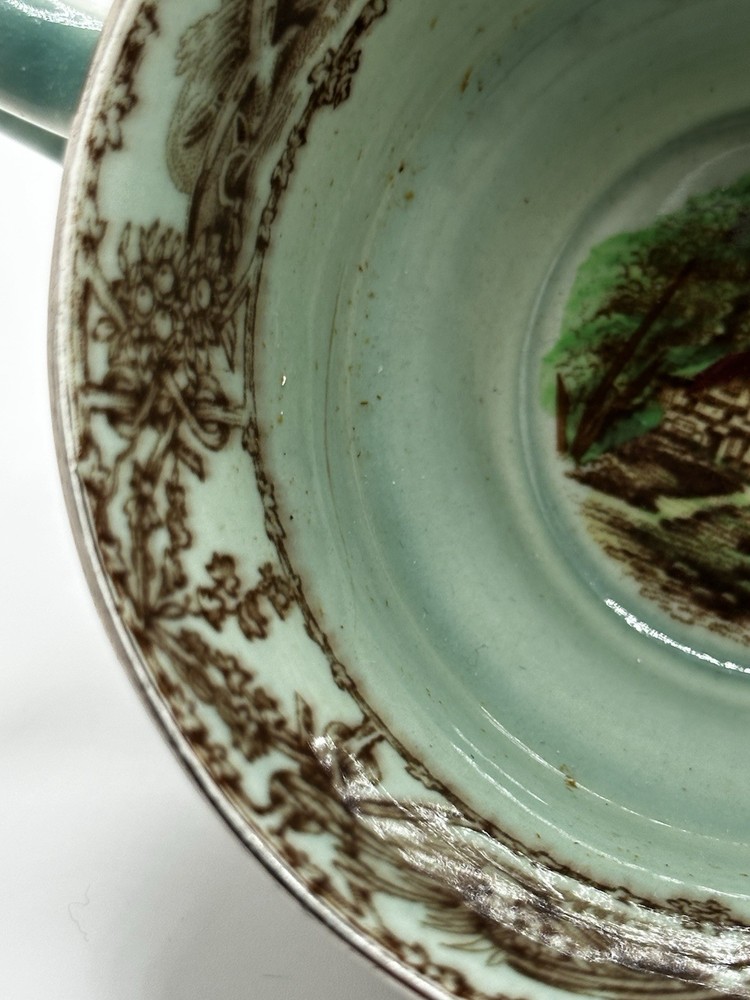 Rare Silver Overlay Pastoral Scene Poly Brown Transferware Cup
