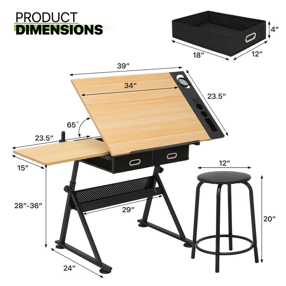 61"Drafting Drawing Table[STOOL+DRAWER]Adjustable Tabletop Painting Work Station
