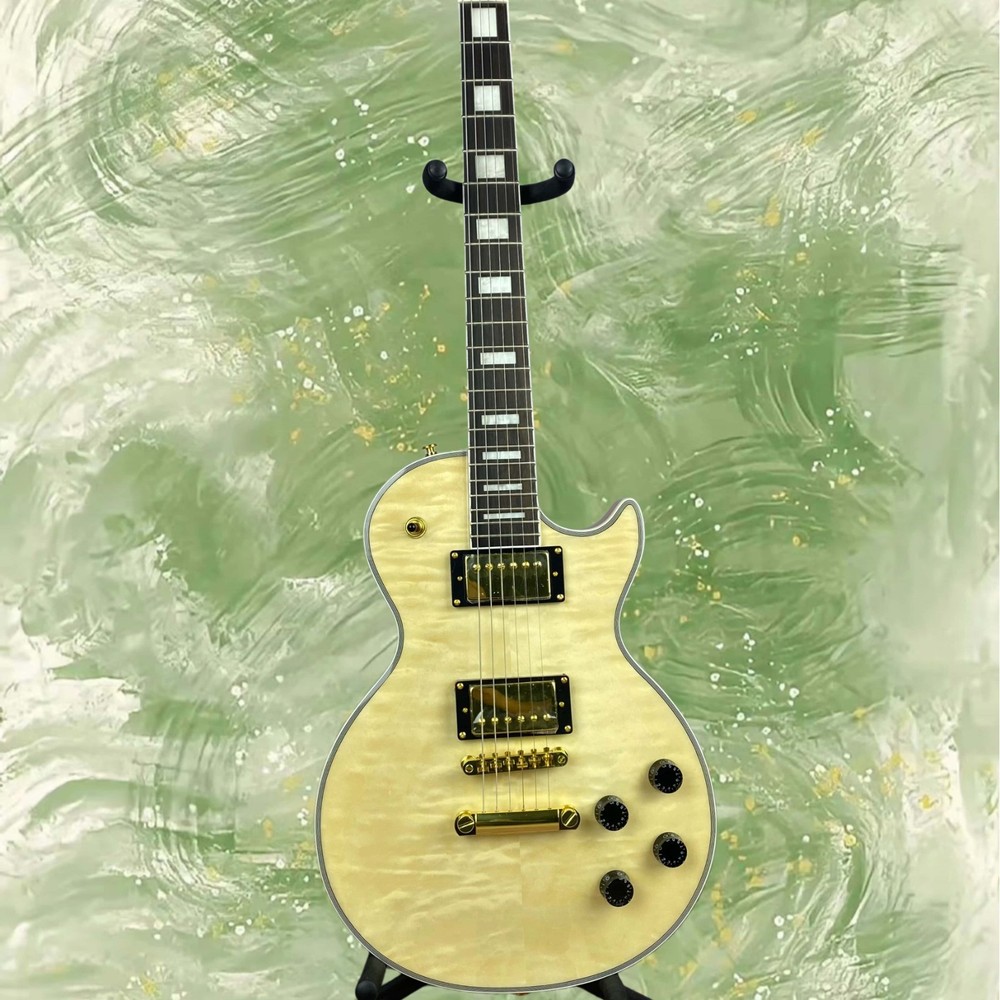 Electric Guitar Natural Wood Finish Rectangular Inlay Fixed Bridge 6-String