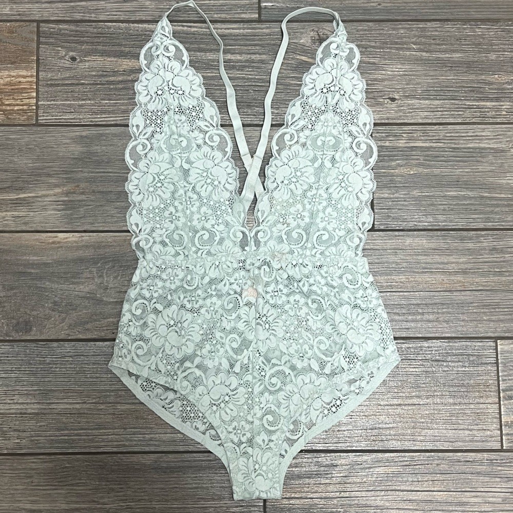 NWT Free People X HAH Comin in Haht Lace Bodysuit lingerie Top XS Something Blue