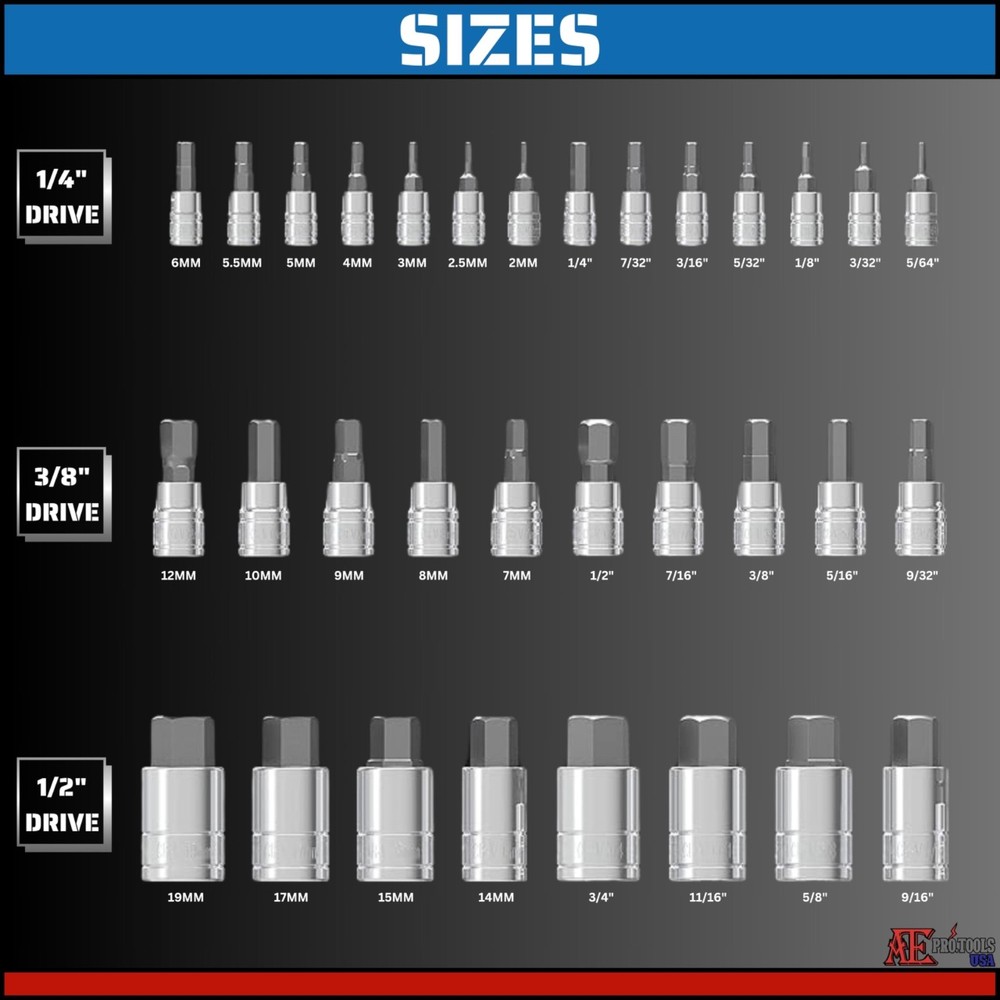 32 PC Master Hex Bit Socket Set | Allen Socket (SAE & Metric) 1/4'', 3/8”, 1/2"