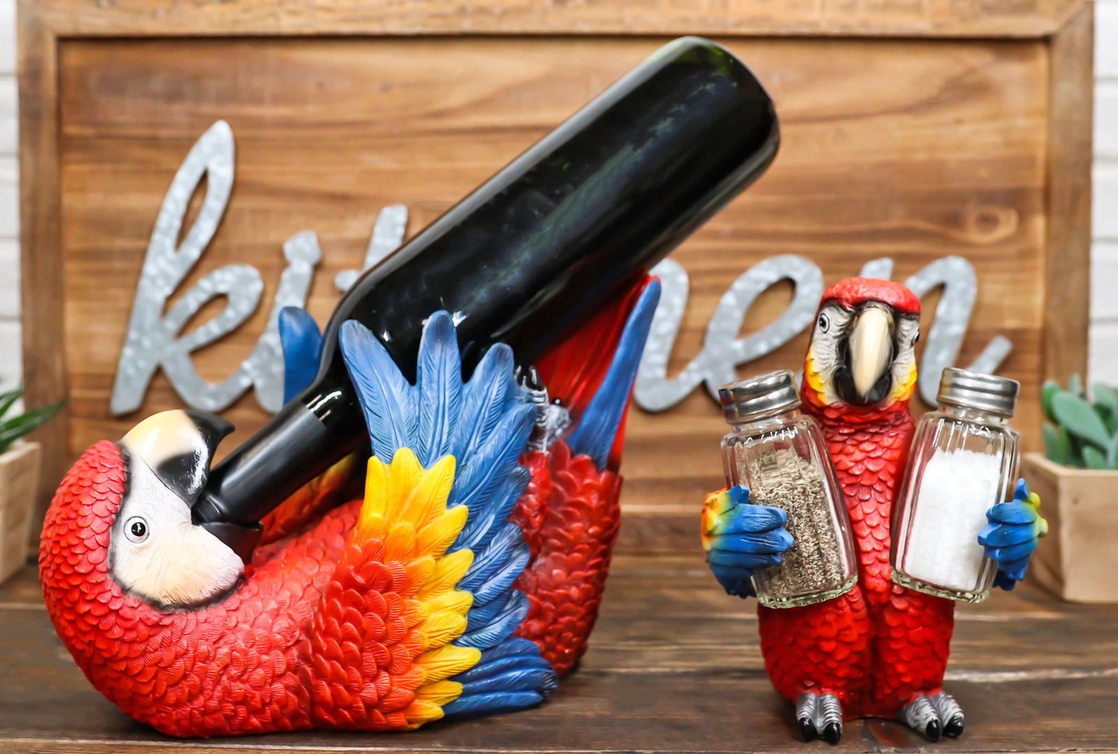 Red Scarlet Macaw Parrot Wine Bottle And Salt Pepper Shakers Holder Figurine Set