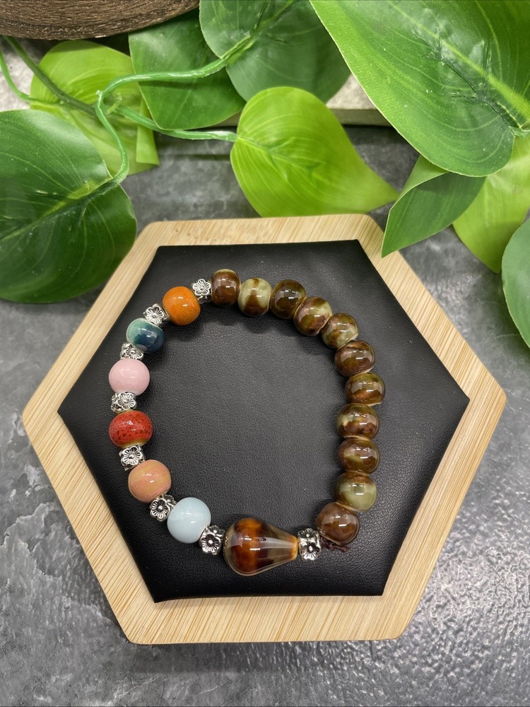 Handmade Ceramic Bead Beaded Stackable 6” Plus Stretch Bracelet New B249