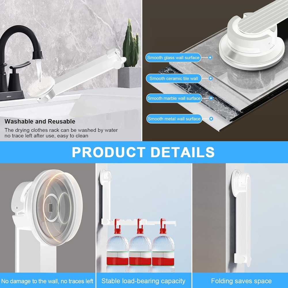 Foldable Clothes Drying Rack with Suction Cup, Wall-Mounted Clothes Drying Rod w