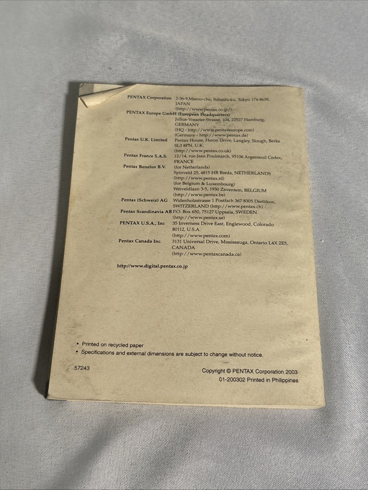 Pentax Optio s Operating Manual