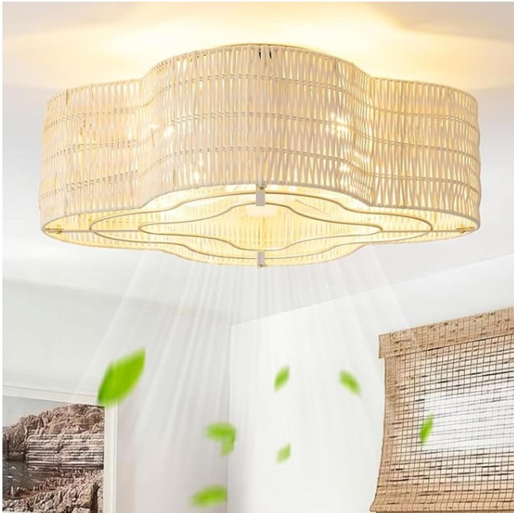 20" Rattan Flush Mount Ceiling Fan with Light Remote Control, 6 Speed
