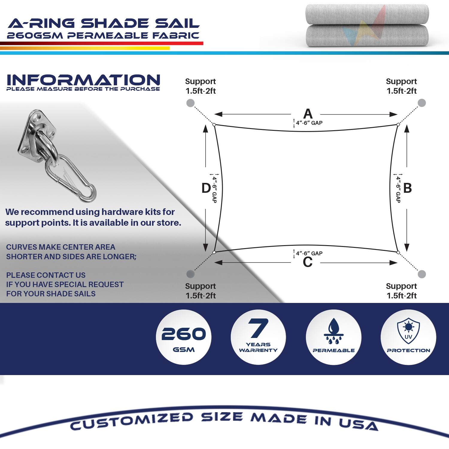 2-6 Ft Shade Sail w/ Steel Wire Rectangle Sun Canopy Pool Shelter Cover Gray