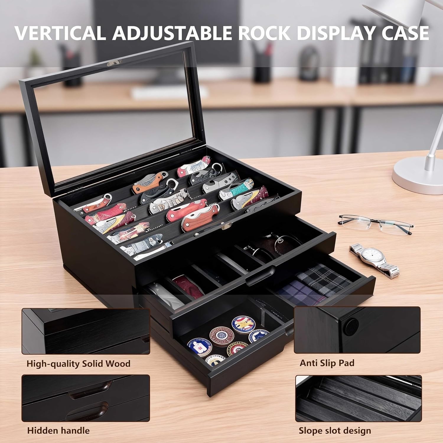 Knife Display Case 43+ Wood Black EDC Pocket Knives Watch Organizer Storage Box