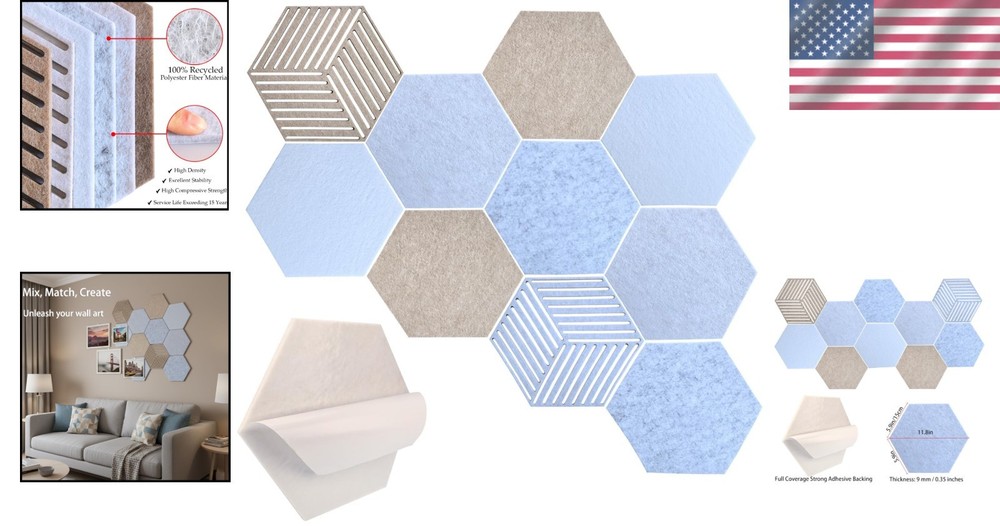 10-Pack Decorative Hexagonal Acoustic Panels with 3D Patterns for Home or Studio