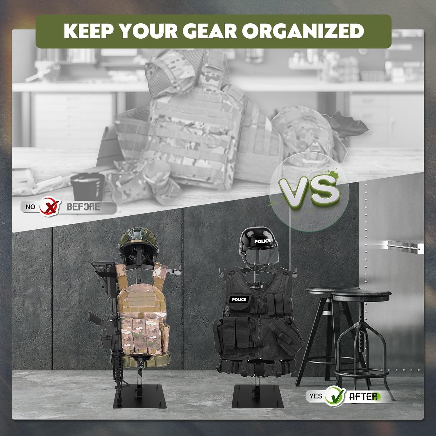 Tactical Gear Stand Helmet Vest Belt Display Rack, Heavy Duty Steel Vest Hanger