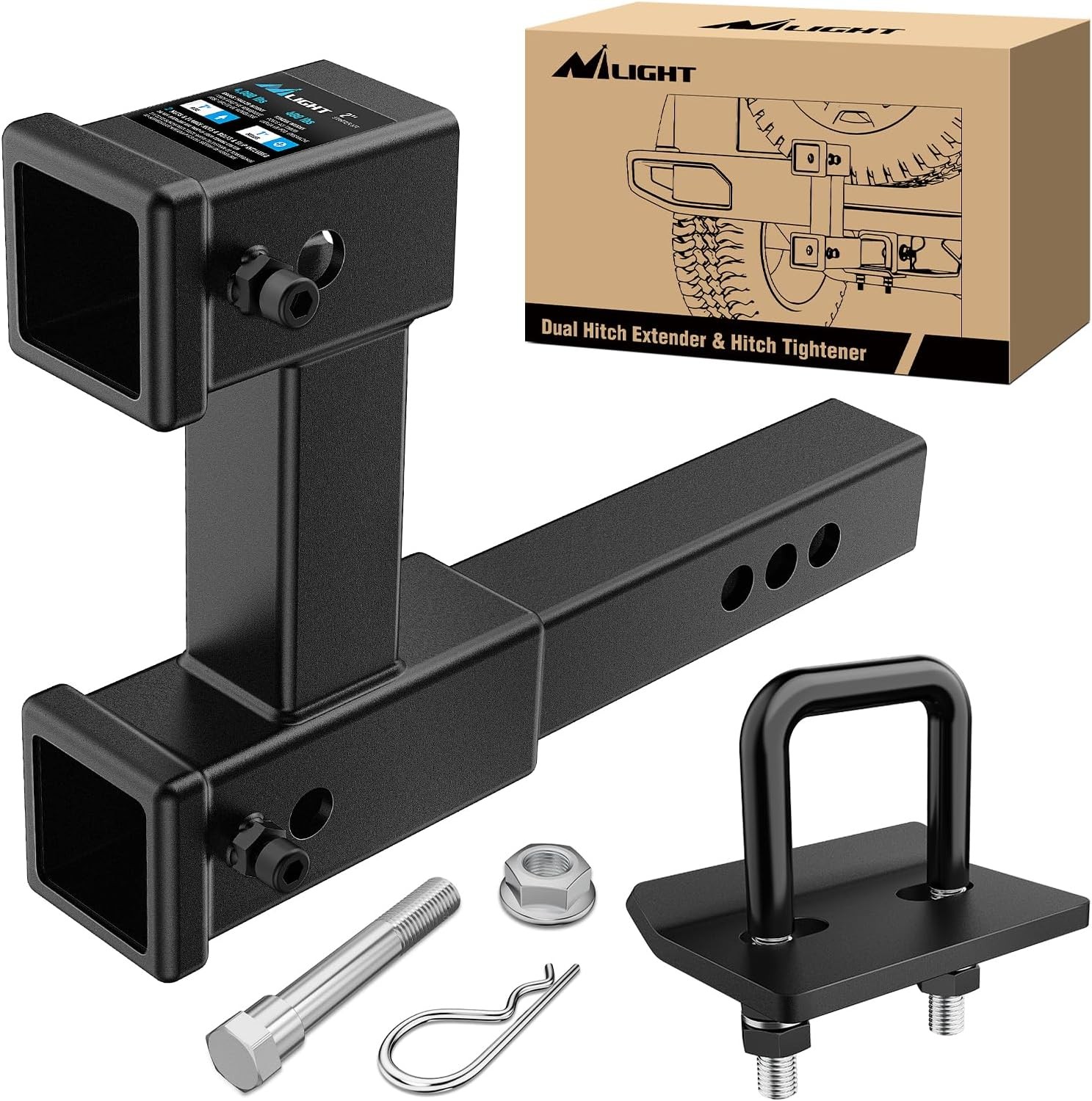 Nilight Dual Hitch Extender to 10 Inch Max Extension Length with Hitch Tightener