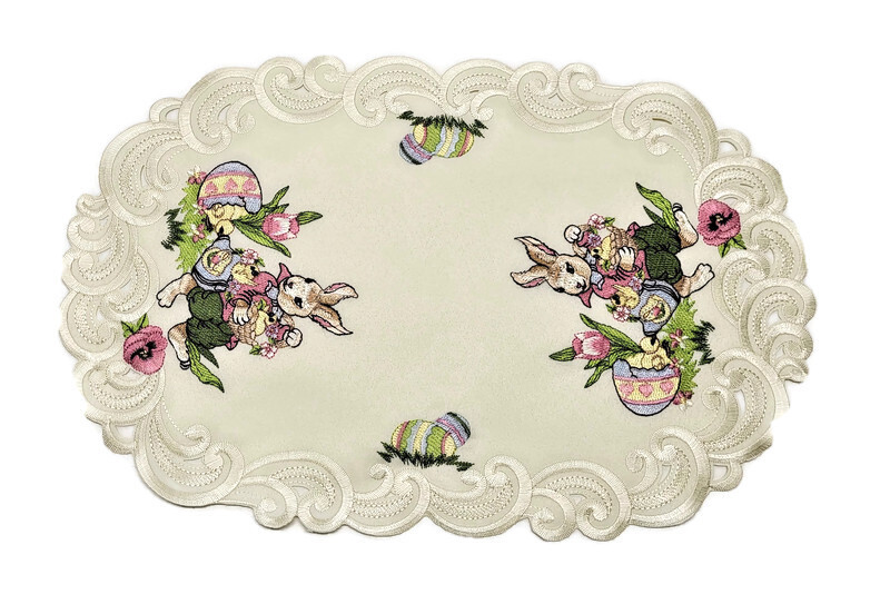 Doily Boutique Table Runner, Doily, Mantel Scarf with Easter Bunny on Ivory