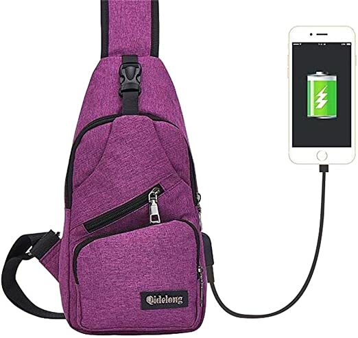 Canvas Slanting Sling Shoulder Bag with USB charging interface, Purple, New