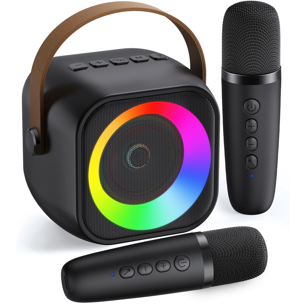 Mini Karaoke Machine, Portable Bluetooth Karaoke Speaker with 2 Wireless Microph