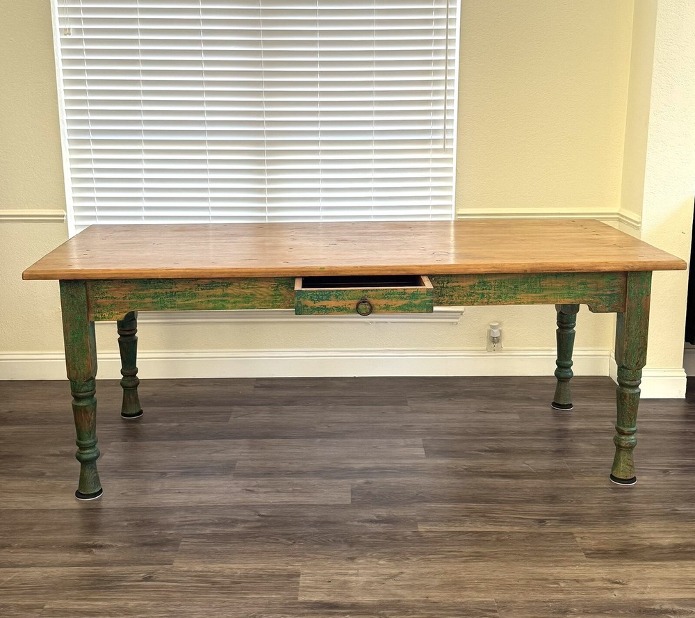 Vintage Rustic Farmhouse Dining Table With Drawer.