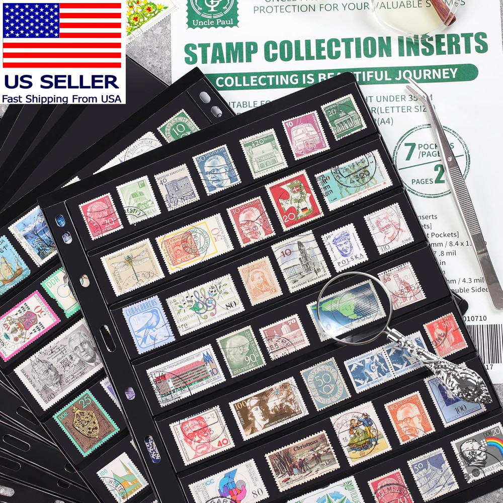 10 Sheets 20 Pages Postage Stamp Album Pages, 7 Pockets 7.7X 1.35In Stamp Collec
