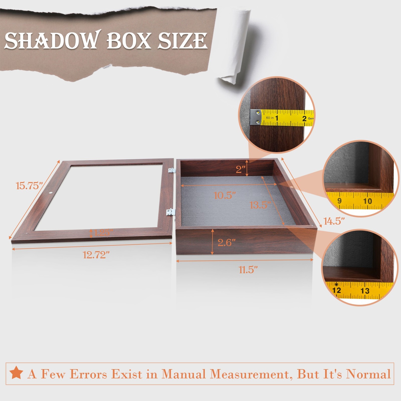 Shadow Box Frame Display Case 2" Depth 6 Pins for 11x14 Collages Mementos, Brown