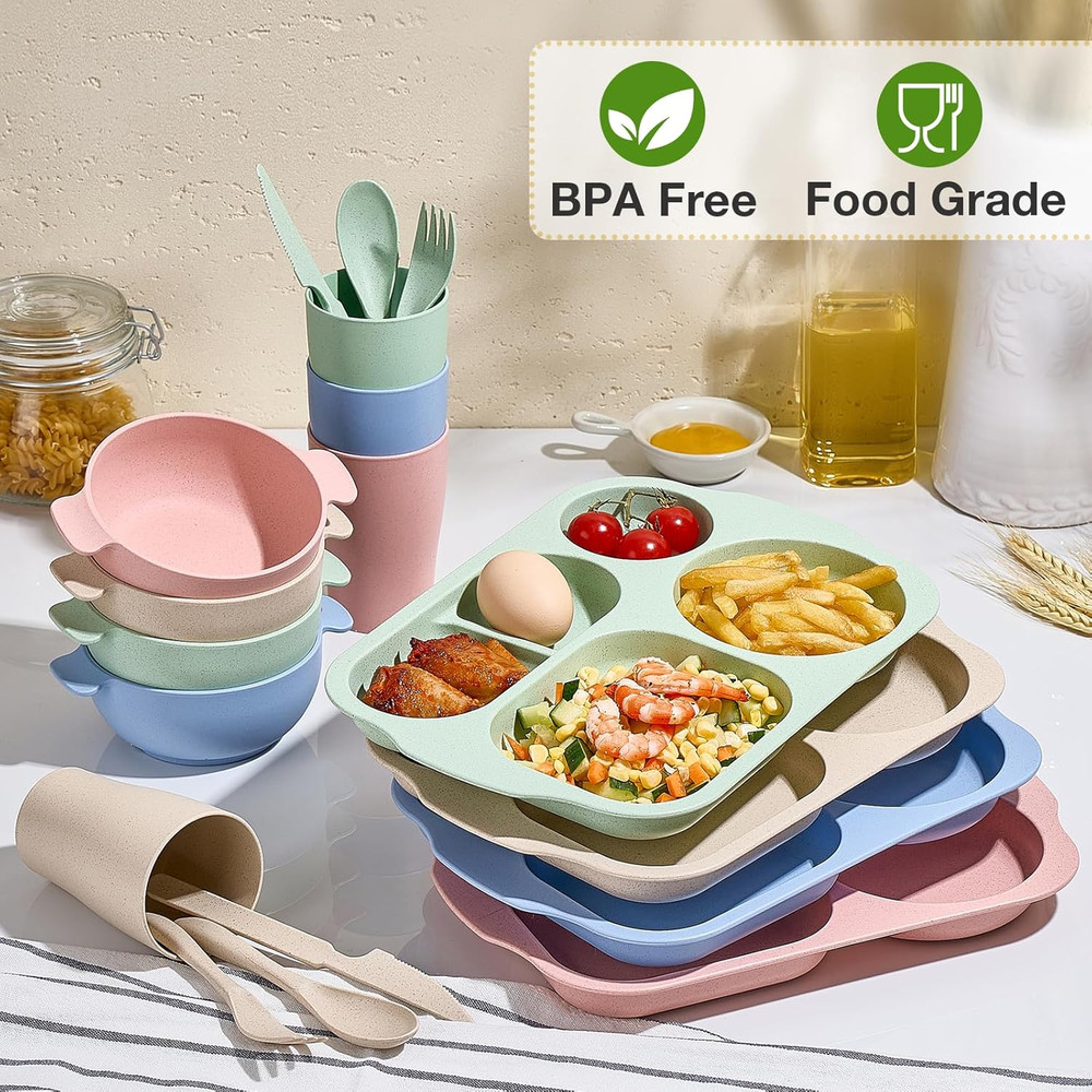 24 Pcs Wheat Straw Dinnerware Cutlery Set, Unbreakable Tableware Set, Including