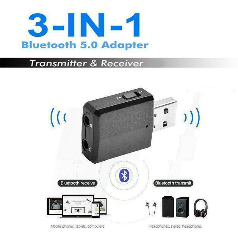 3 in 1 USB Bluetooth 5.0 Audio Transmitter/Receiver Adapter For TV/PC/Car Black