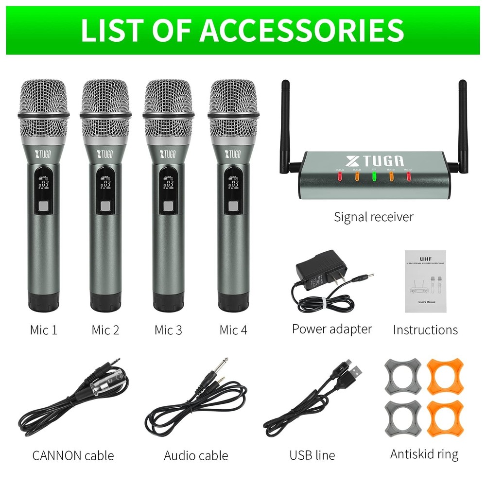 XTUGA UF4600 4 Channel UHF Wireless Microphone System Cordless Microphone wit...