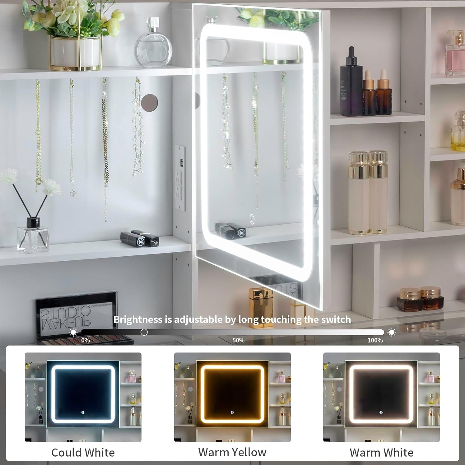 Vanity Makeup Table Set LED Lighted Mirror Dressing w/ Glass Visualized Table