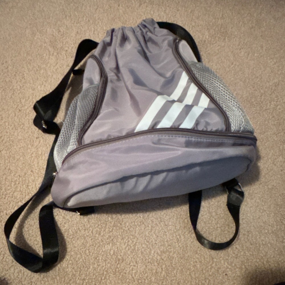 Adidas Gray Drawstring Gym Bag Polyester Zip Compartments Mesh Pockets Strap