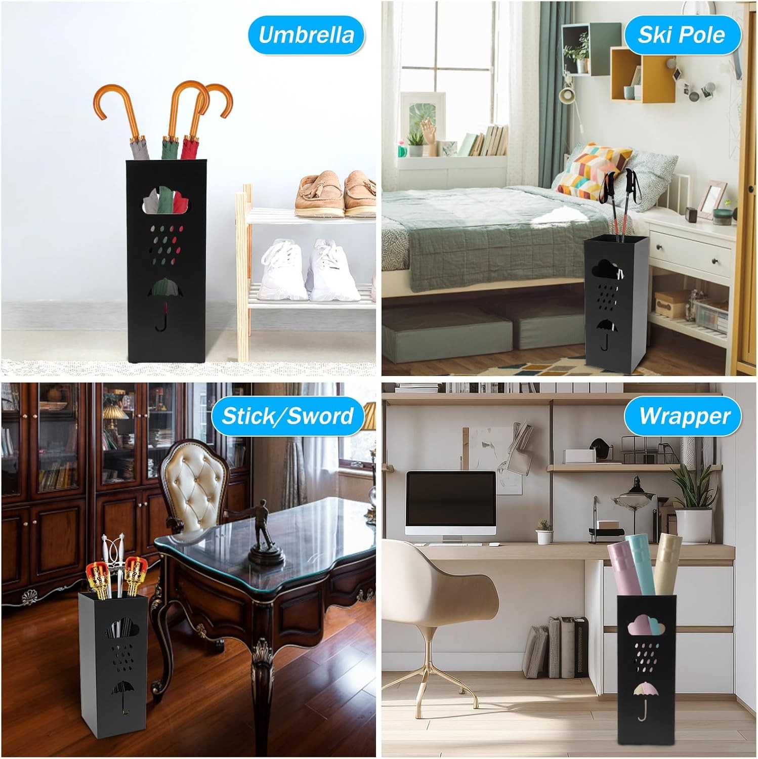 Umbrella Stand Metal Umbrella Holder,Hollowed Square Walking Cane Organizer Rack