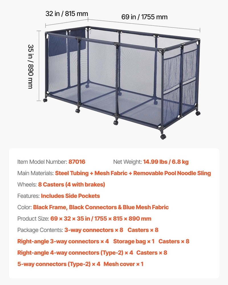 Pool Storage Bin, 69 x 32 x 35 in, Rolling Pool Float Storage Organizer with