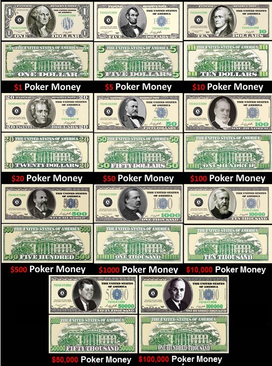A COMPLETE PLAY POKER MONEY DOLLAR BILL SET (11 BILLS)