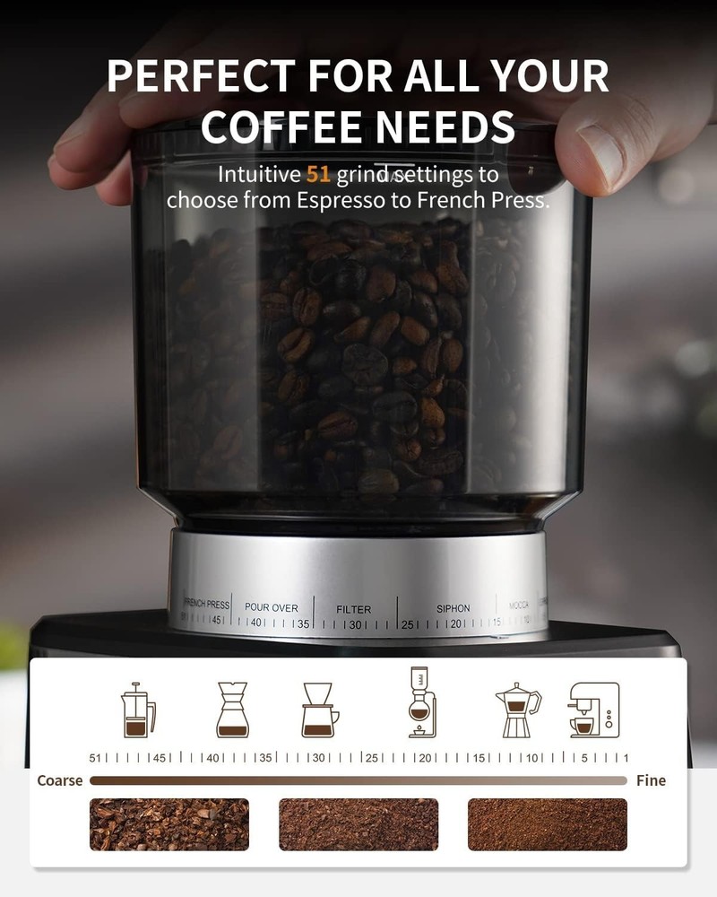 Stainless Steel Espresso Grinder with Anti-Static Design & 51 Precise Settings