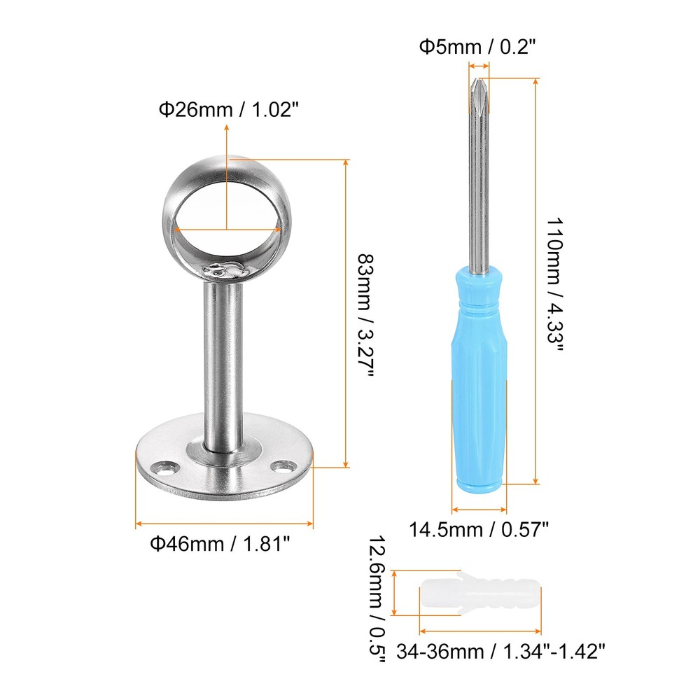 1.02" Diameter Open Flange Bracket Cabinet Rod Holder Set