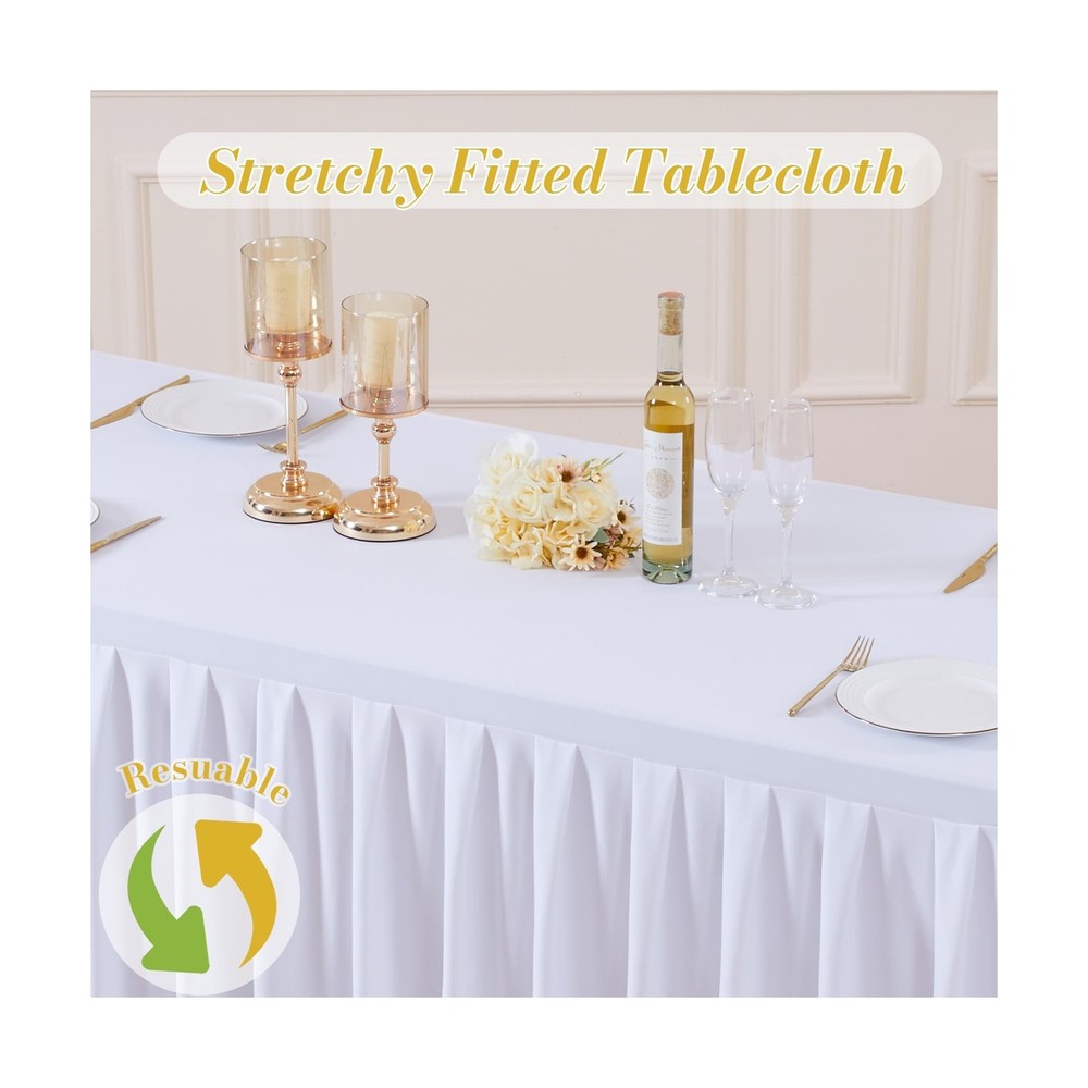 8 Pack White Rectangle Tablecloth 8 FT Stretch Spandex Fitted Table Cloth for...