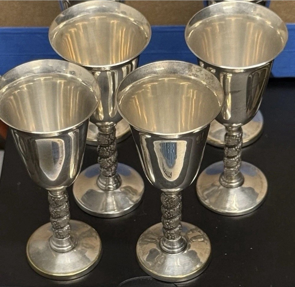 6 Silver Plate 4” GOBLETS Grapevine Stem Stamped: MADE IN SPAIN Visiuc, S. L.