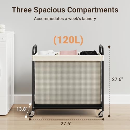 Laundry Hamper 3 Section, 120L Rolling Laundry Sorter with 3-Section Beige