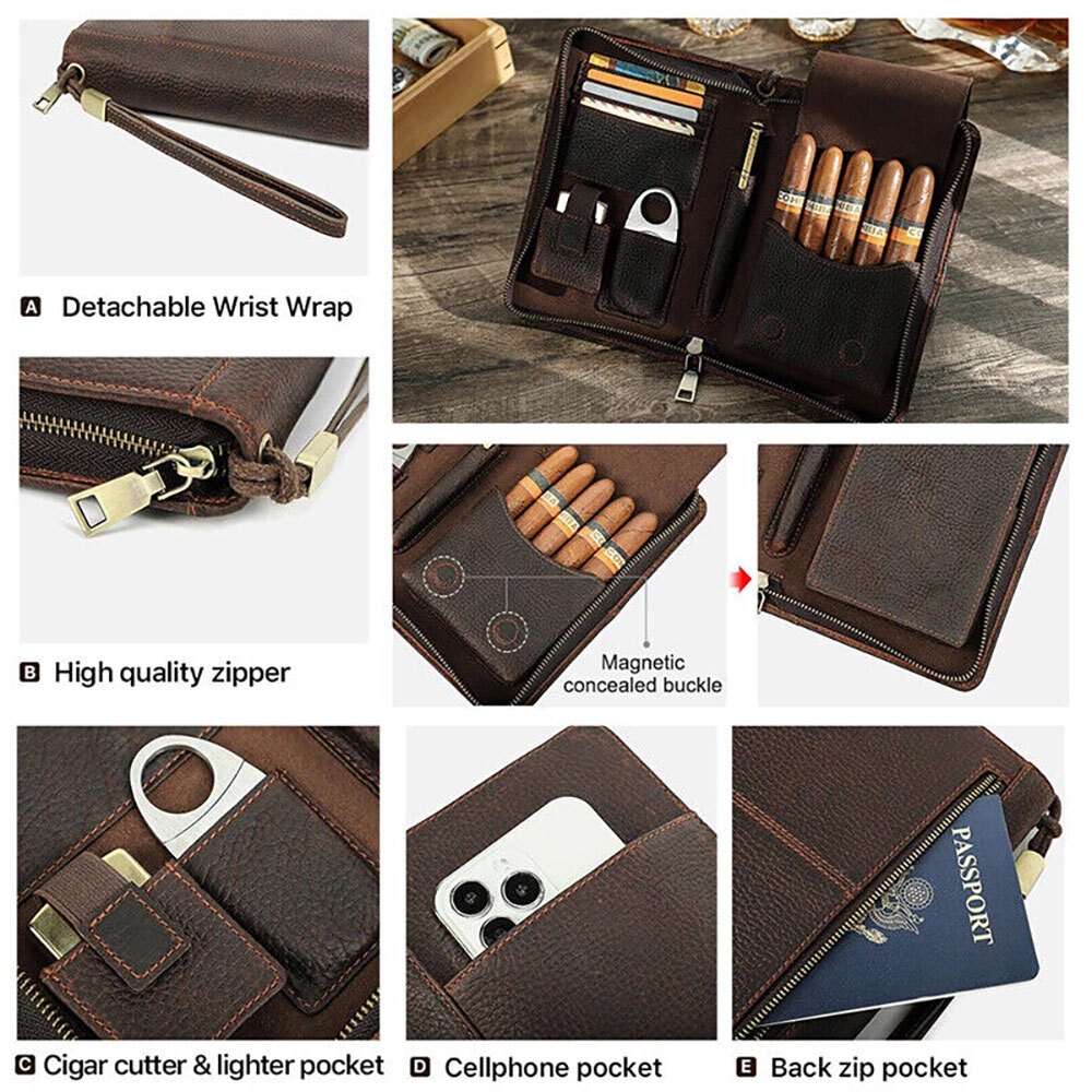 Genuine Leather Cigar Case Passport Travel Humidor set Lighter cutter Pocket Box