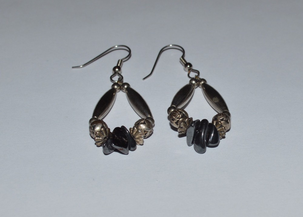 ARTISAN STERLING SILVER AND HEMATITE DANGLE EARRINGS