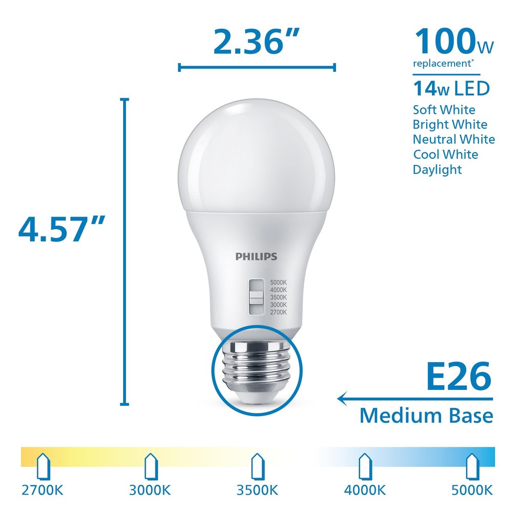 LED Light Bulbs 100W A19 4 Pack Selectable Dimmable Flicker Free Philips
