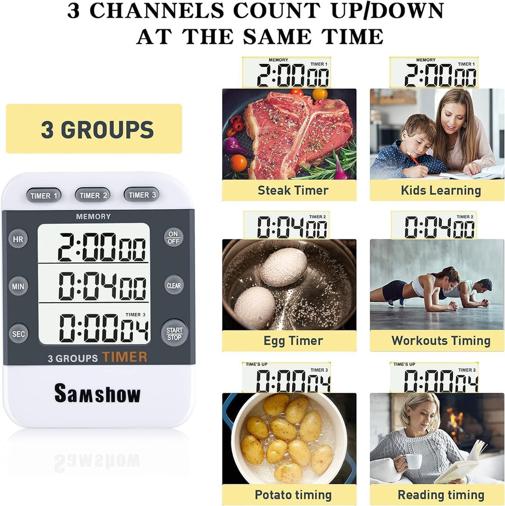 Digital Kitchen Timer Dual Timers 3 Channels Count Up/Down Cooking Timer Large D