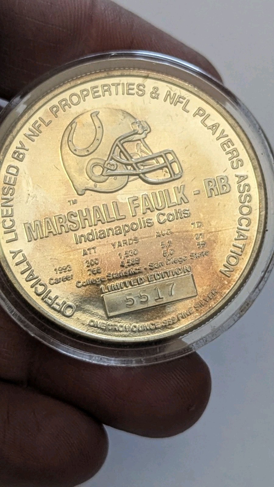 NFL Indy Colts Marshall Faulk RB Football 999 Silver 1 Oz Ounce Art Round Toner