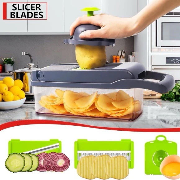 Multi-Function 11-in-1 Vegetable Chopper Slicer Dicer Grater Green Gray Set