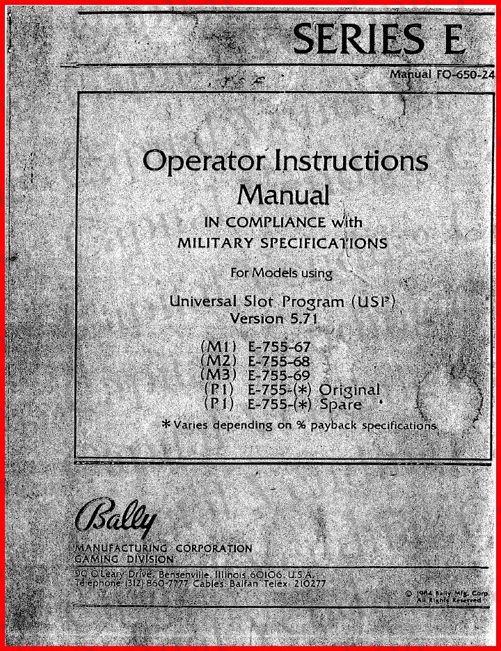 Bally Series E Operator Instructions Manual 24 pages - You Select Option