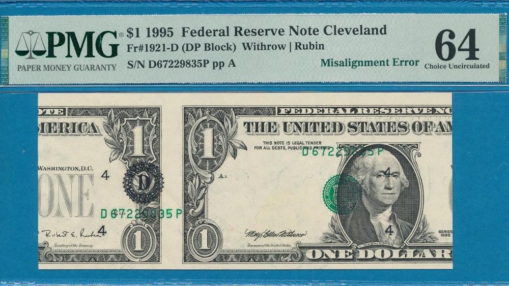 $1.00 1995 FIRST AND SECOND PRINT MISALIGNMENT ERROR PMG CHOICE NEW 64