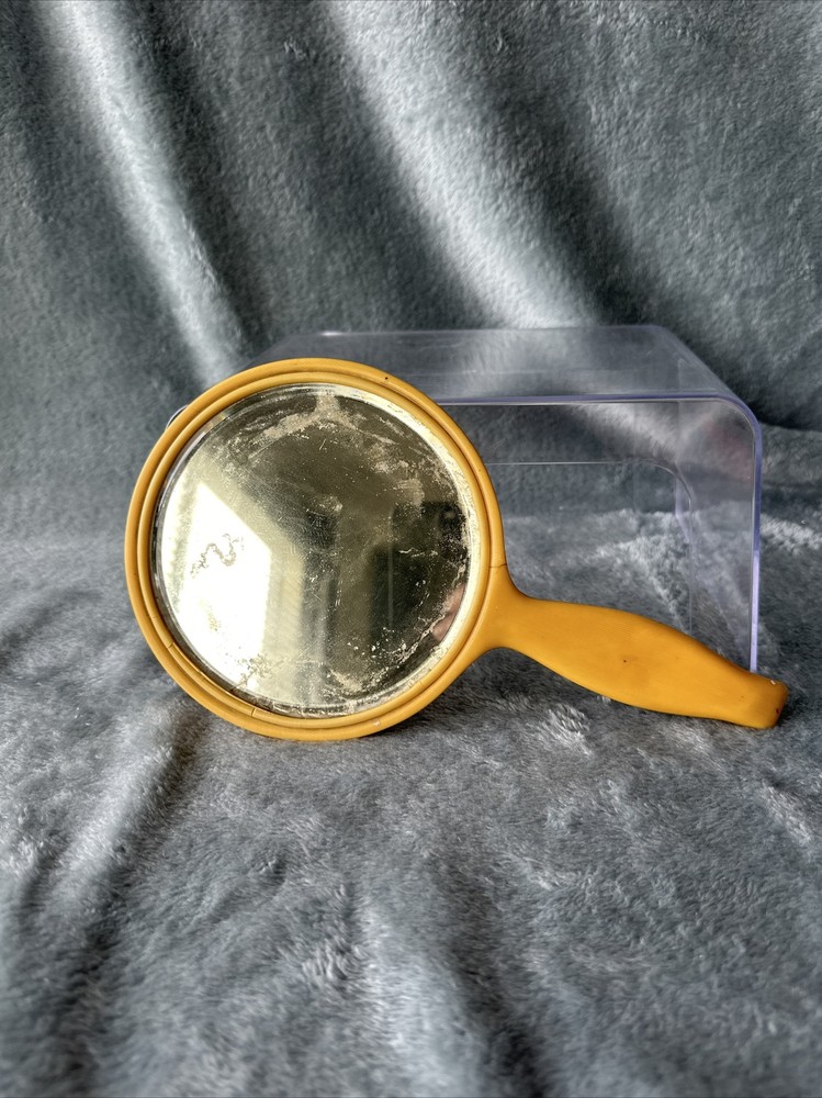 Bakelite Hand Held Round Mirror Yellow Celluloid Plastic Vintage